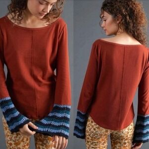Pilcro Anthropologie Crochet Bell Sleeve Waffle Knit Long Sleeve Boho Top Small